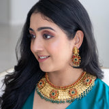 Gold plated kashi mala necklace emebellished with coral and green onyx