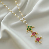 Dainty silver neckpiece paired with pearls and kemp stones