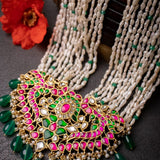 Statement Gold-plated Silver pendant paired with multiple rice pearl strings