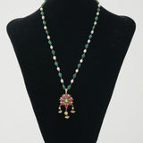 Neckpiece handcrafted with pearls, silver, kundan, kemp stones, green onyx