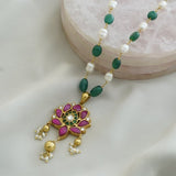 Neckpiece handcrafted with pearls, silver, kundan, kemp stones, green onyx