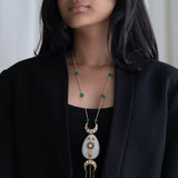 White quartz and kundan pendant paired with grey pearls & green fluroite beads