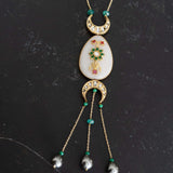 White quartz and kundan pendant paired with grey pearls & green fluroite beads