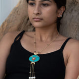 Turquoise kundan pendant paired with green fluroite & pearl beads