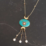 Turquoise kundan pendant paired with green fluroite & pearl beads