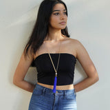 Gold plated neckpiece with a blue satin tassel (Ananya Collection)