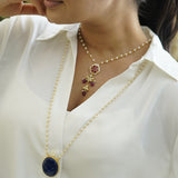 Beautiful neckpiece made with pearls, silver, kundan, kemp stones, and red onyx