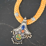 Yellow cotton braided necklace with Afghani Pendant