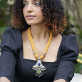 Yellow cotton braided necklace with Afghani Pendant