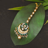 Small Mang tikka- Center pearl, Kundan studded green and white stones