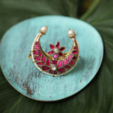Ruby Crescent Pearl Ring: pink-hued crescent ring adorned with pearls and gold detailing - Finger Ring Collection