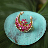 Ruby Crescent Pearl Ring: pink-hued crescent ring adorned with pearls and gold detailing - Finger Ring Collection