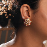 Signity glow Red and White Kundan Studded Shell Earrings