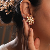 Signity glow Red and White Kundan Studded Shell Earrings