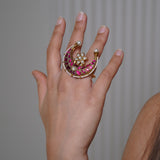 Ruby Crescent Pearl Ring: pink-hued crescent ring adorned with pearls and gold detailing - Finger Ring Collection