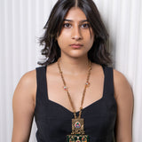 Opulent Monalisa Necklace: Heritage necklace with dark green Monalisa stone & jhumki charm - Isaana Collection