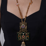 Opulent Monalisa Necklace: Heritage necklace with dark green Monalisa stone & jhumki charm - Isaana Collection