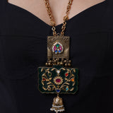 Opulent Monalisa Necklace: Heritage necklace with dark green Monalisa stone & jhumki charm - Isaana Collection