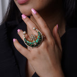 Emerald Green Crescent Pearl Ring : emerald-hued crescent ring- Finger Ring Collection