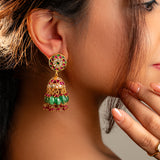 Majestic Jhumka, Kundan Multi-Colour Circle with Green Semi-precious Drop Design