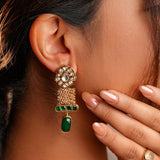 Majestic fusion earrings with beautiful l Emerald green Drop & Kundan Design- Fiza Collection