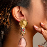Majestic fusion earrings with Gold Coin and Pink Quartz Design- Fiza Collection