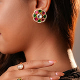 Signity glow Pink and Green Kundan Flower Earrings