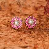 Signity glow Pink Kundan Flower Earrings