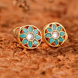Signity glow Turquoise and Gold Kundan Flower Earrings