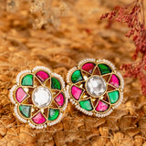 Signity glow Pink and Green Kundan Flower Earrings