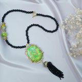 Long Beaded Black Chain with Green Agate pendant with Hanging