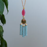 Meena work pendant with blue tassel and pink agate