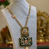 Opulent Monalisa Necklace: Heritage necklace with dark green Monalisa stone & jhumki charm - Isaana Collection
