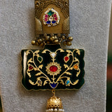 Opulent Monalisa Necklace: Heritage necklace with dark green Monalisa stone & jhumki charm - Isaana Collection