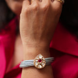 Luminous Mesh Sky Blue Bangles Bracelet with Red Kundan and Stones: Statement Cuff