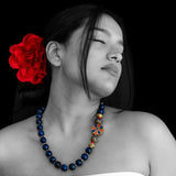 Signature beaded necklace with Tibetan side pendant and blue crystals
