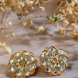 Signity glow Peach and White Kundan Flower Earrings