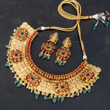 Gold plated kashi mala necklace emebellished with coral and green onyx