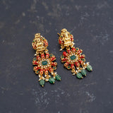 Gold plated kashi mala necklace emebellished with coral and green onyx
