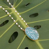 Handcrafted neckpiece made using pearls, silver and amazonite stone