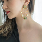 Rajwada Style Statement Earrings with kundan and green stones