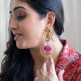 Statement earrings with pink quartz and kundan