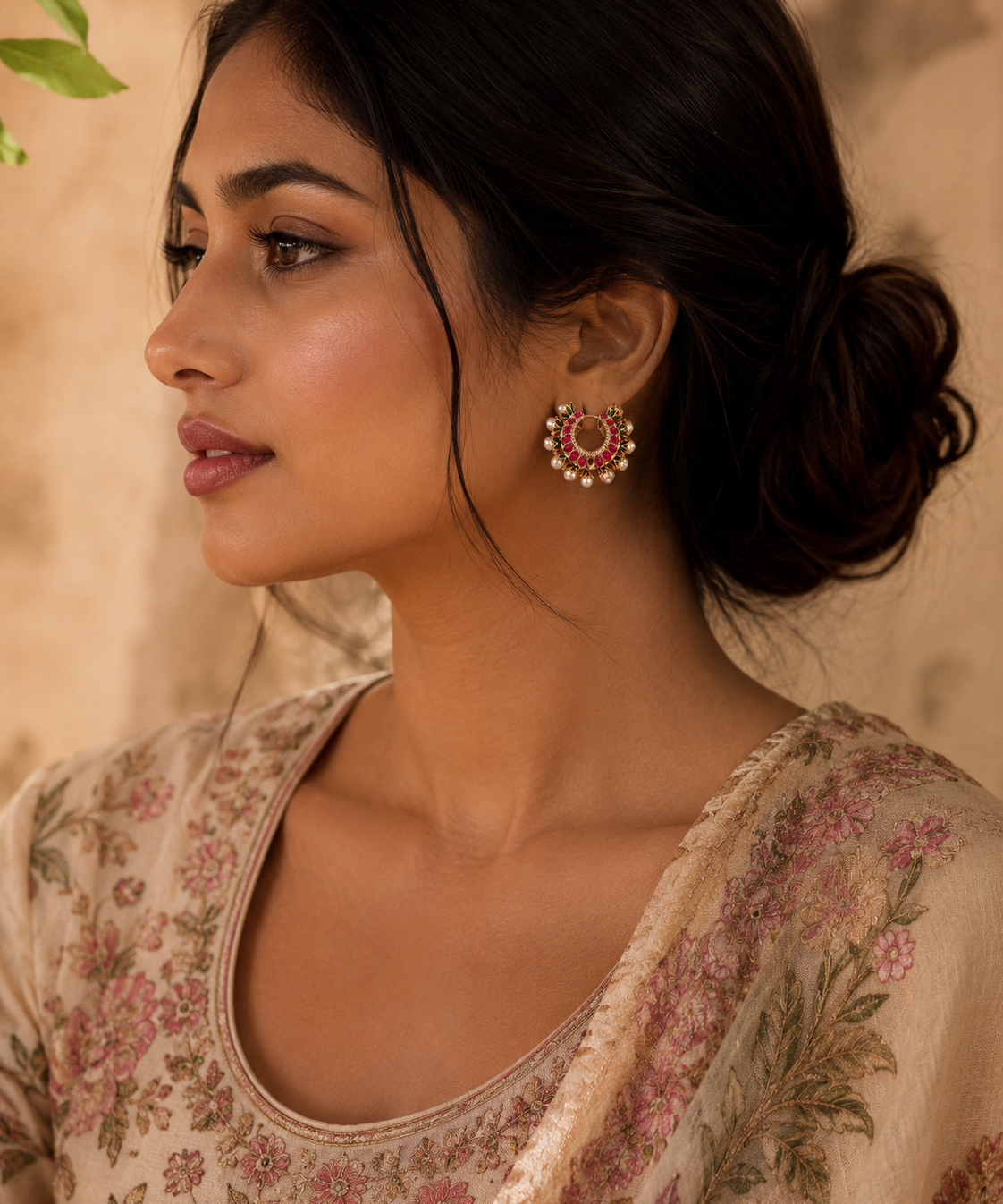 Moon Pearl Earring Set With Studded Semi Precious Stone