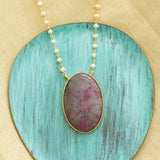 Dainty neckpiece with pearls, silver, and pink moss agate stone