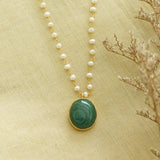 Dainty neckpiece handcrafted with pearls, silver, and green lace agate stone