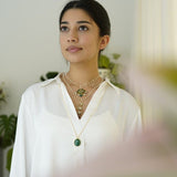 Dainty neckpiece handcrafted with pearls, silver, and green lace agate stone