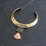 Intricately designed elephants on a brass hasli with a rectangular cut labradorite and rose quartz