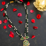 Beautifully handcrafted green and pink temple jewelry pendant strung with shell pearls and colored Duldul beads