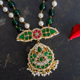 Beautifully handcrafted green and pink temple jewelry pendant strung with shell pearls and colored Duldul beads
