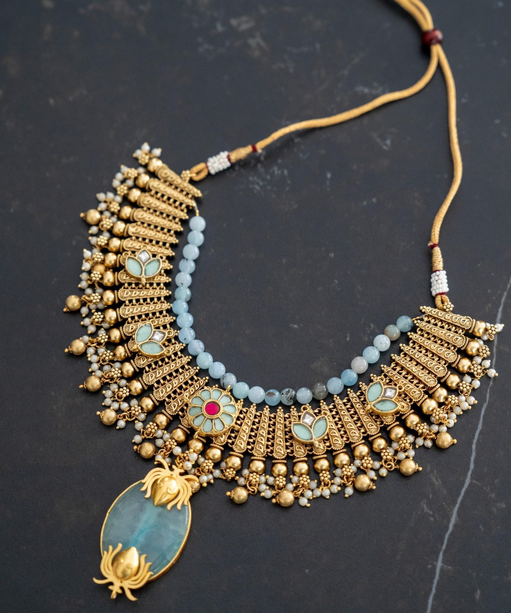 Antique finish statement necklace with Aquamarine Pendant ( Maharani Collection)